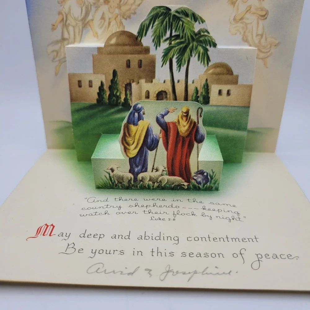 Vintage Sunshine Line Christmas Card Pop‎ Up Nativity Shepherds Angels